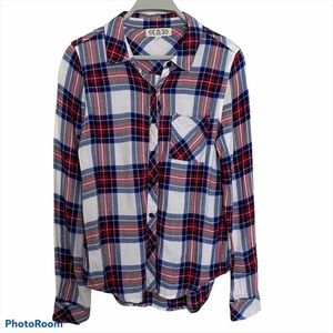Pink Rose Plaid Flannel Button Up Shirt Red/Blue
